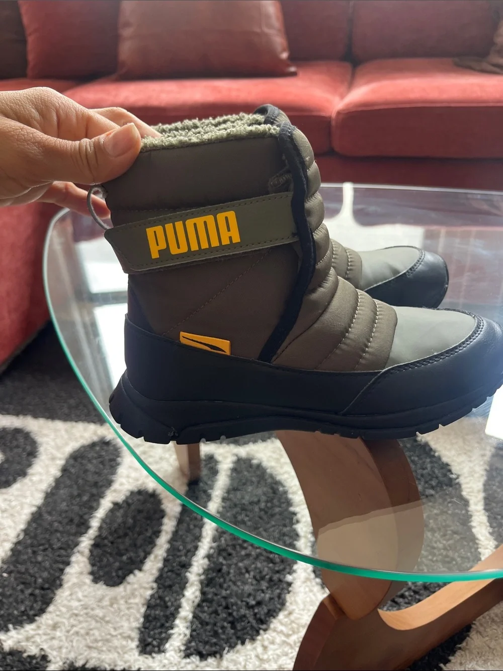 Puma Olive Green and Black Quilted Winter Boots with Yellow Logo